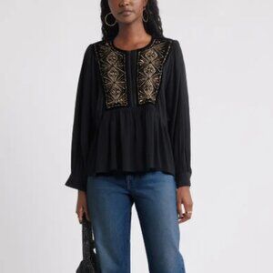 Embroidered Boho Western Blouse Size XXL navy blue